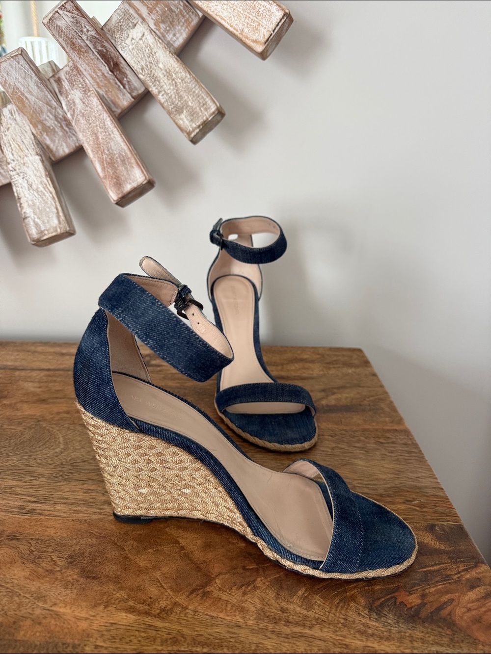 Stuart Weitzman Denim Espadrille Wedge Sandals w/Ankle Strap,Gold fabric heal
